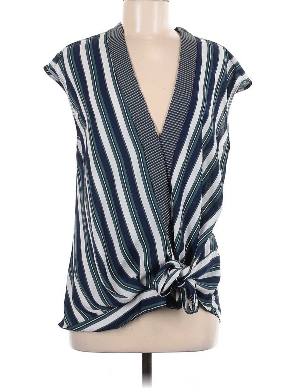 Trouve Striped V-Neck Top in Navy, White & Green